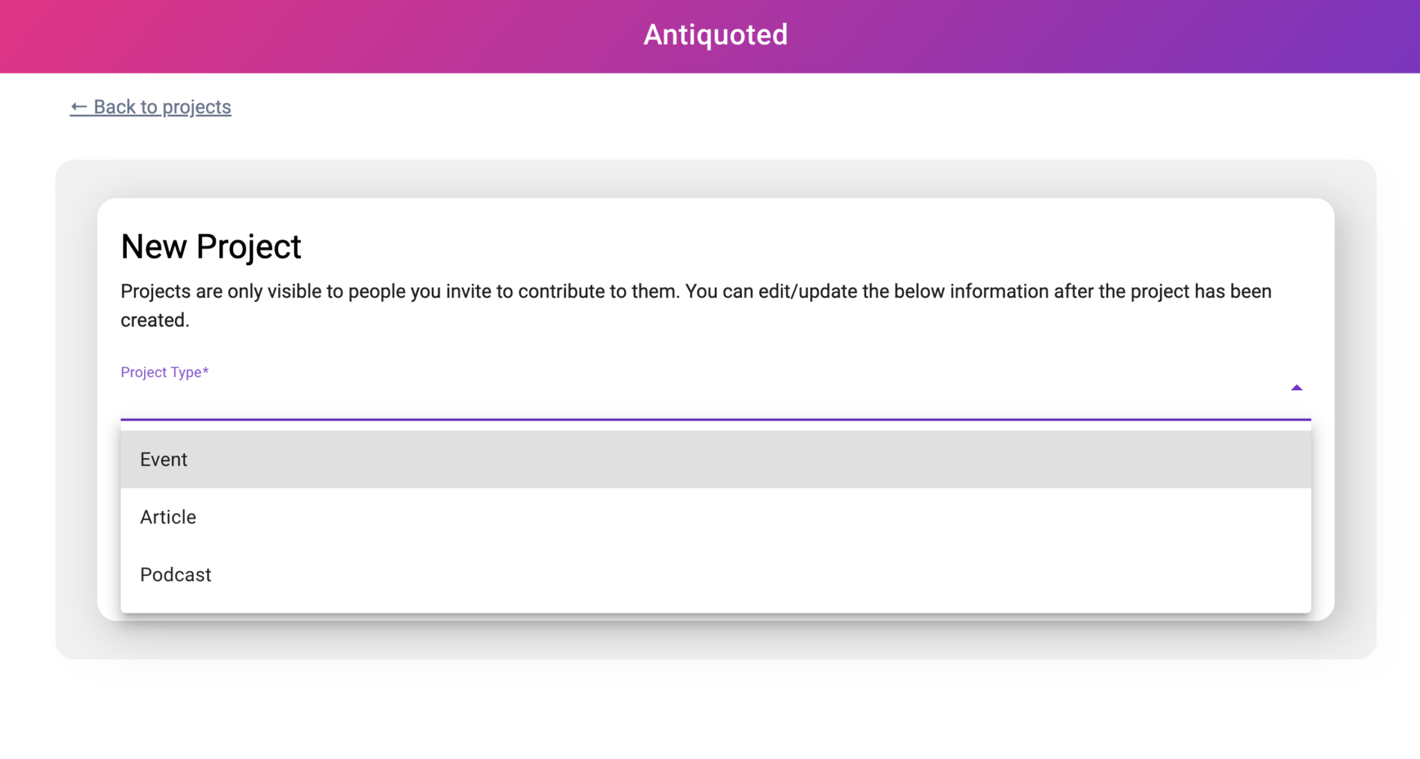 A screenshot of the antiquoted contributor information page